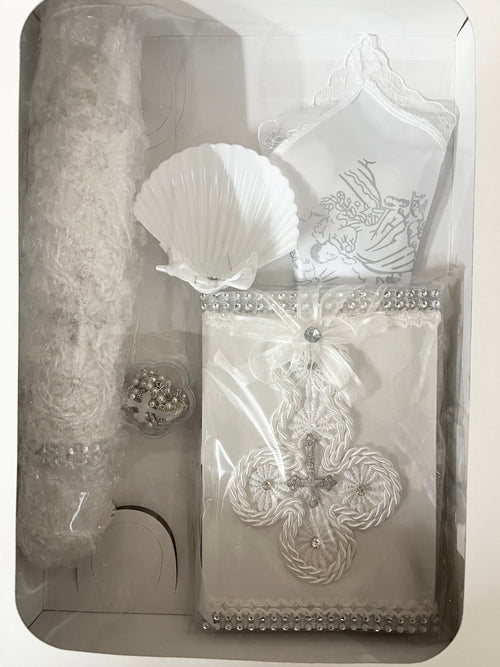 White and Rhinestone Cross Baptism, Christening Candle Set #2 - JMJs Catholic Store, Inc