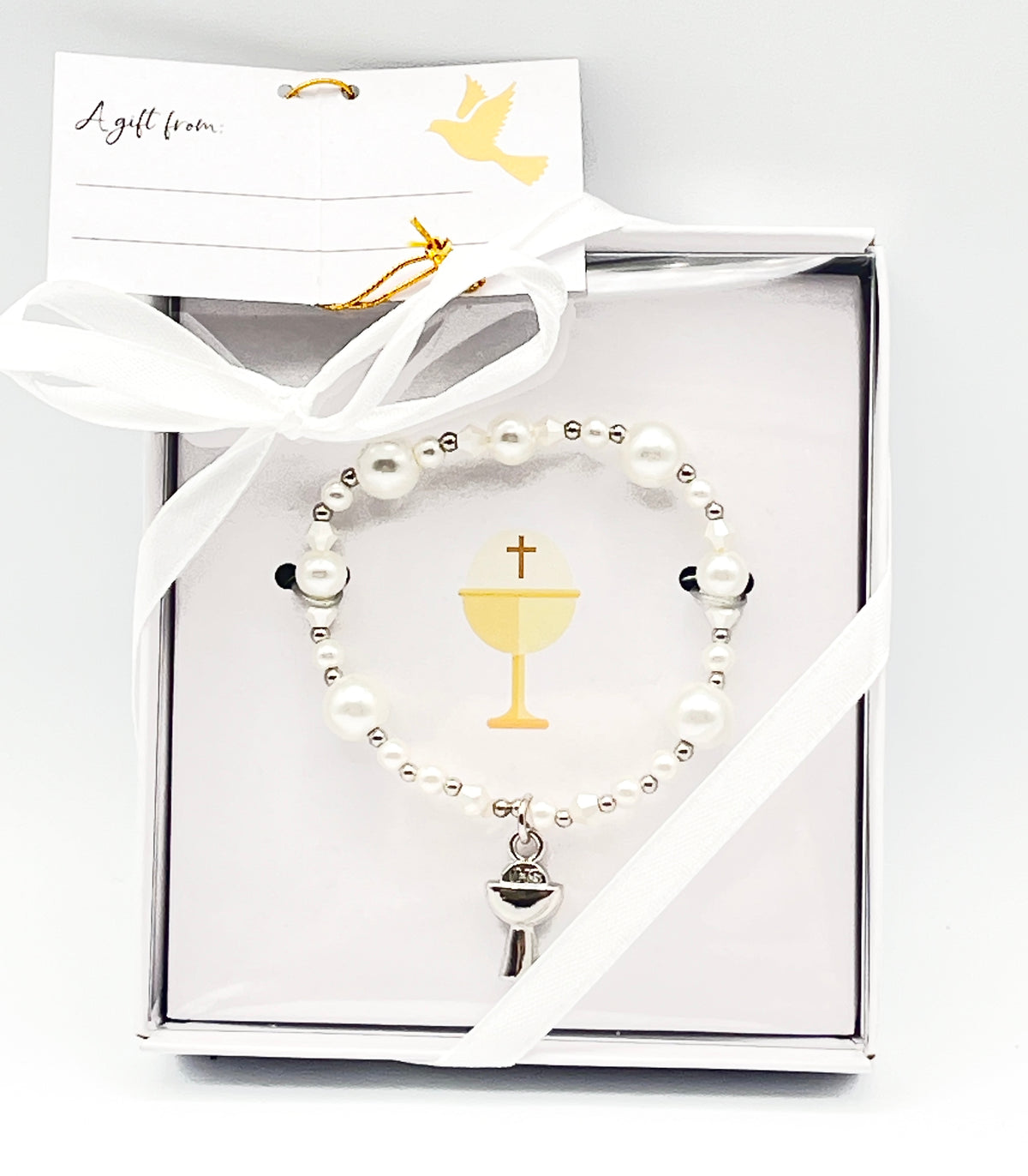 White Pearl First Communion Bracelet with Silver Chalice Charm - JMJs Catholic Store, Inc