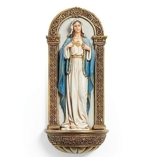 7" Immaculate Heart of Mary holy water font with hand-painted figure, blue mantle, white robe, and ornate gold arch background