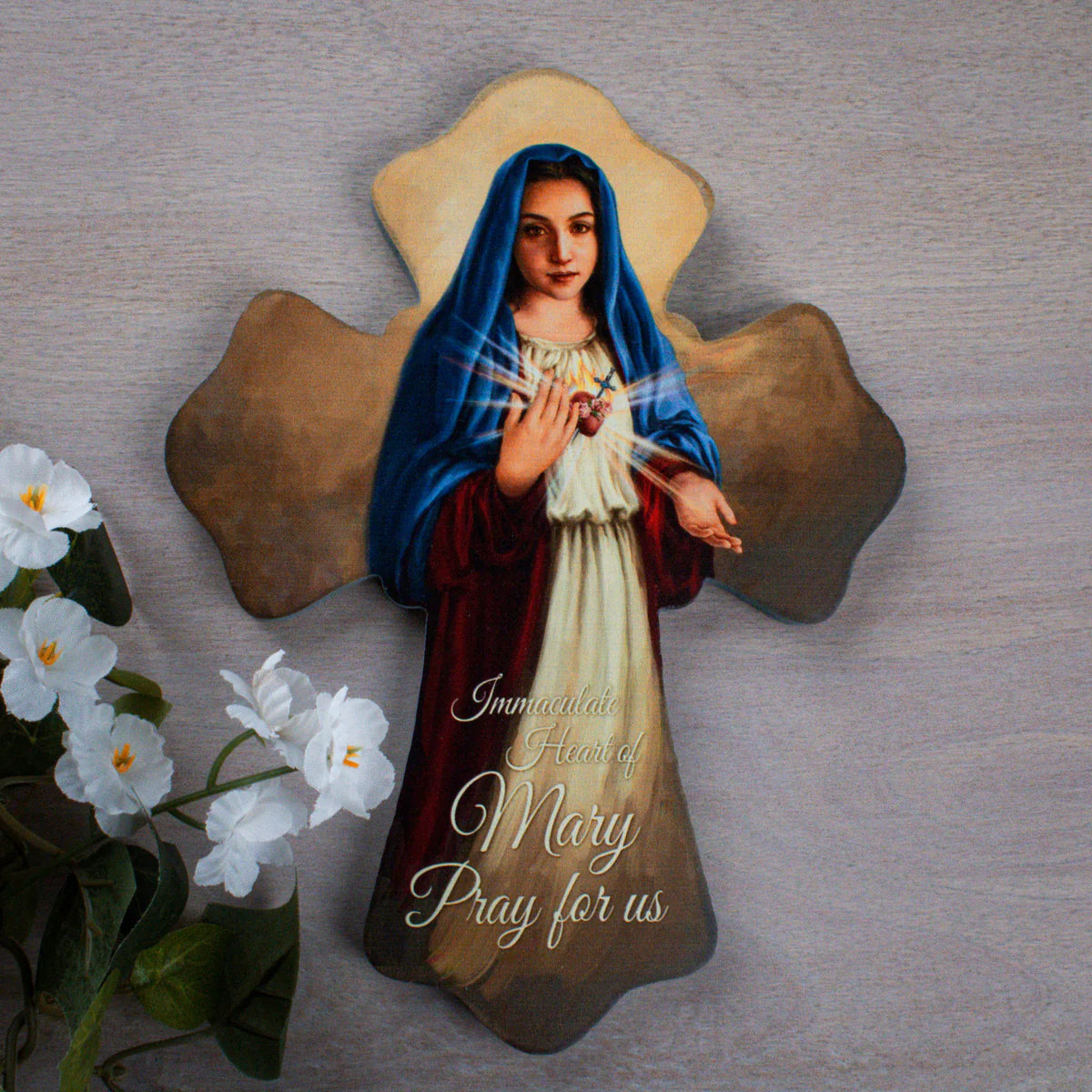 6" x 8" Immaculate Heart of Mary wood wall cross with detailed painting and John 3:16 inscription