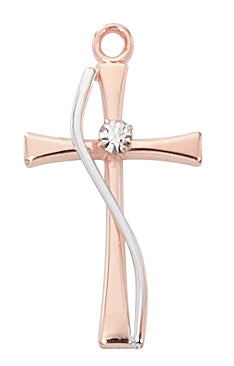 Rose Gold and Sterling Silver Cross with Crystal Stone 5/8" ( no chain ) - JMJs Catholic Store, Inc