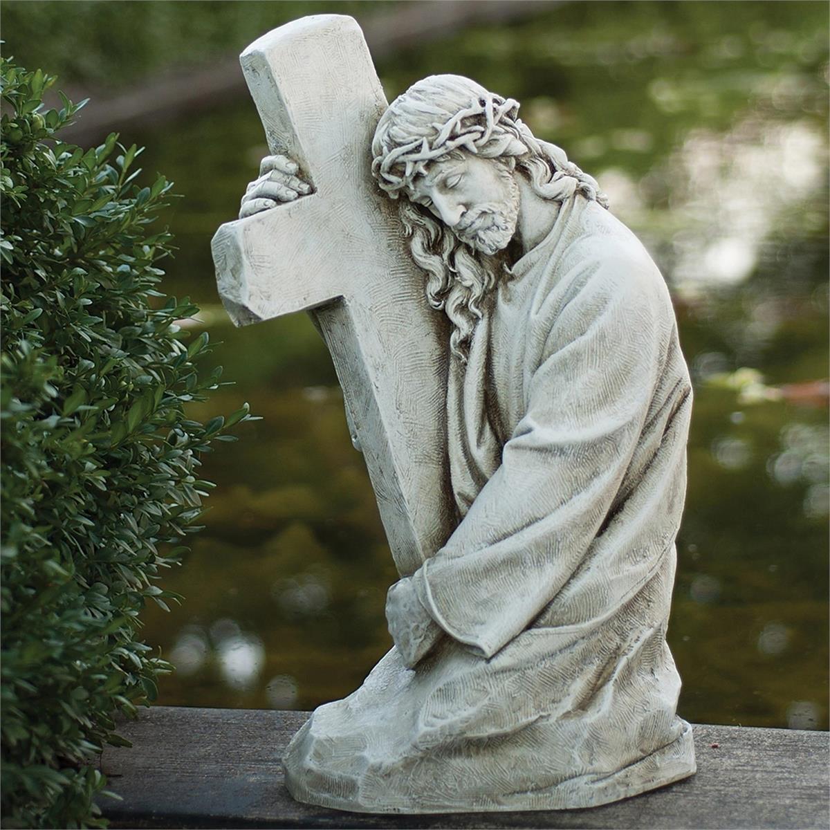 Jesus holding His Cross Outdoor Garden Statue 17 3/4" - JMJs Catholic Store, Inc