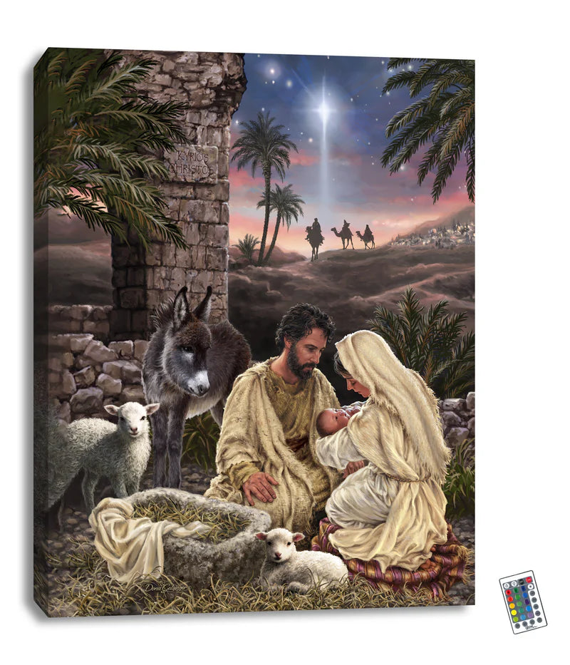 Jesus is Lord illuminated canvas print 18x24 with nativity scene, holy family, animals, and bright star in background