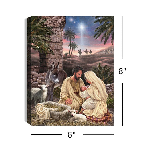 8x6 lighted canvas of nativity scene with Mary, Joseph, baby Jesus, animals, and three wise men under bright star