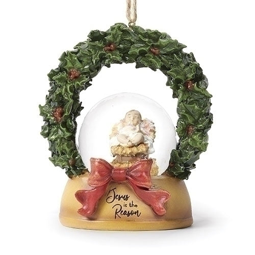 3.75" dome ornament with baby Jesus in manger, holly wreath, red bow, and "Jesus is the Reason" message