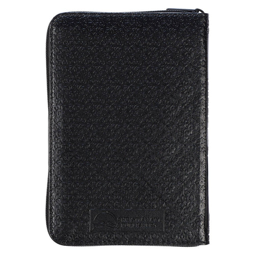 Black faux leather King James Version pocket Bible with zippered closure and subtle embossed cross pattern on cover