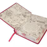 Bright Pink Faux Leather Hardcover KJV My Creative Bible open to decorative illustrated pages with ribbon marker