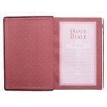 Burgundy faux leather King James Bible with super giant print, thumb index, and subtle St. John's cross design inside cover