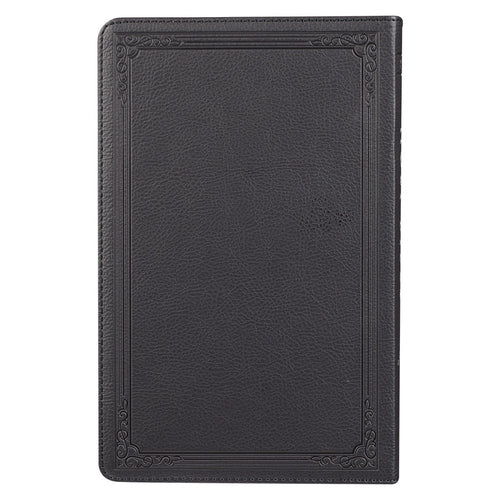 Black faux leather King James Version gift edition Bible with embossed decorative border and textured cover