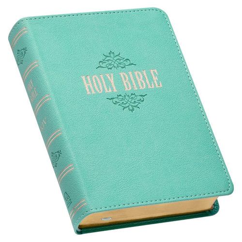 Robin’s-egg blue faux leather compact King James Version Bible with large print and gold-edged pages