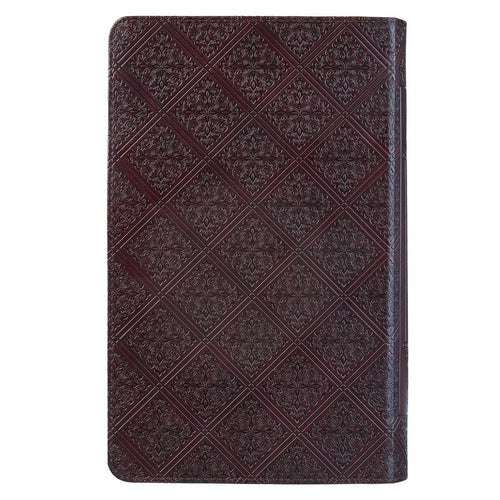 Dark brown faux leather King James Version Bible with giant print, standard size, featuring embossed diamond pattern cover and thumb index