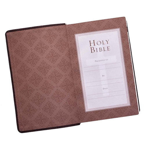 Open Dark Brown Faux Leather Giant Print Standard-size King James Version Bible showing presentation page with decorative border