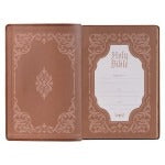 Antiqued brown faux leather cover of Large Print Thinline King James Version Bible with embossed decorative border and title page showing