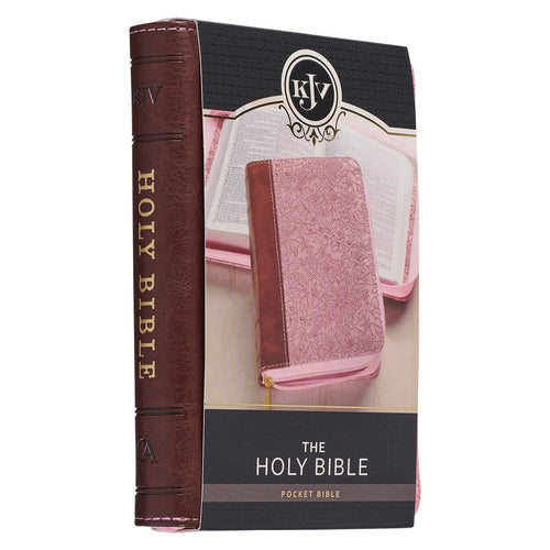 Pink and saddle tan faux leather mini King James Version pocket Bible with zippered closure in gift box packaging