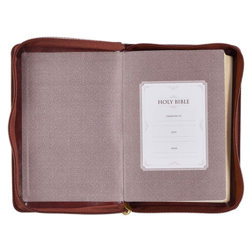 Framed burgundy faux leather compact King James Bible with zippered closure, large print, and presentation page visible