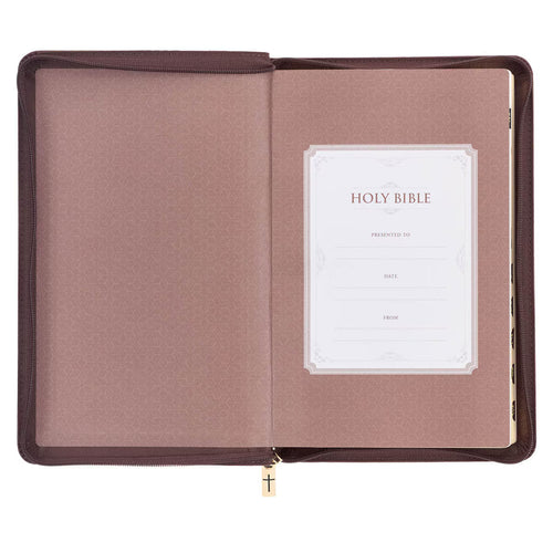 Walnut brown faux leather King James Version Deluxe Gift Bible open to presentation page with zippered closure and cross zipper pull
