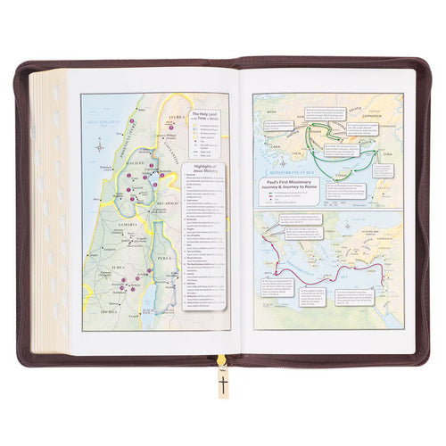 Walnut brown faux leather King James Bible open to colorful maps with thumb index and cross zipper pull closure