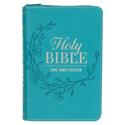 Aqua faux leather King James Version pocket Bible with floral design and zipper closure compact for easy carrying