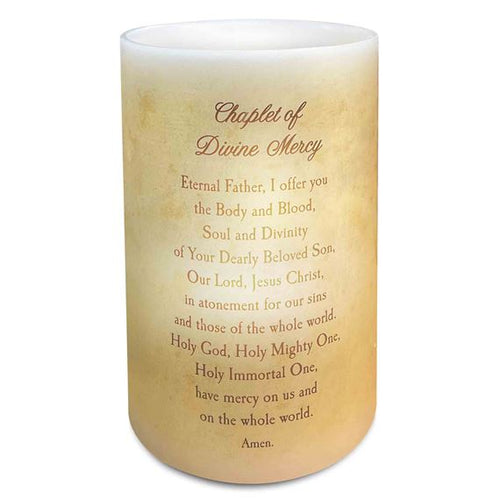 6" Divine Mercy LED Candle with printed Chaplet of Divine Mercy prayer text on warm glowing surface
