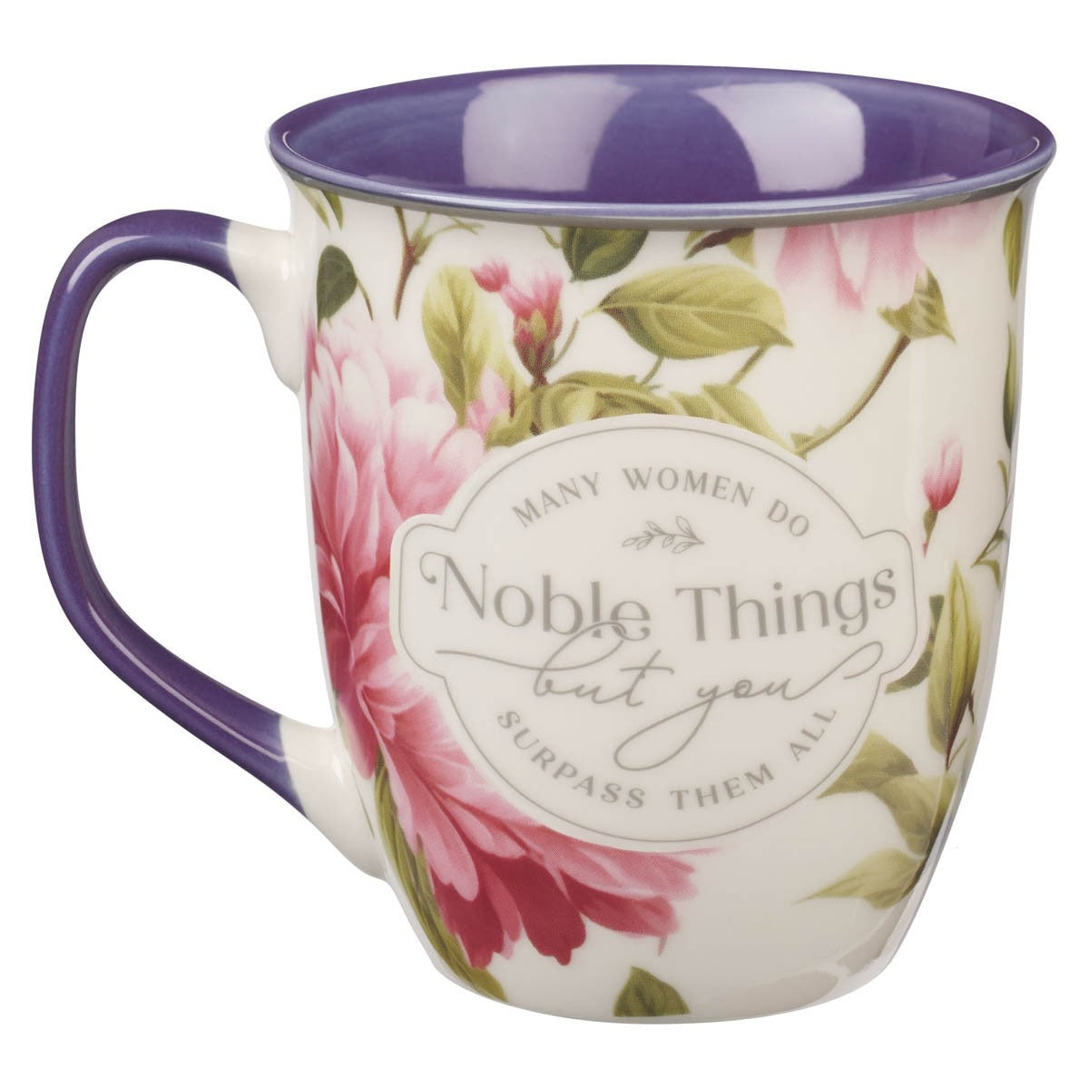 Ceramic coffee mug with pink peony design and purple handle featuring Proverbs 31:25 inspired inspirational quote