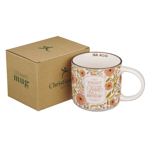 Trust in the Lord Coral Cascade Ceramic Coffee Mug - Isaiah 40:31 - JMJs Catholic Store, Inc