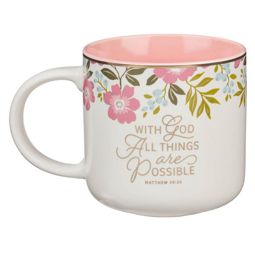 With God Things Are Possible Pink Poppy Ceramic Coffee Mug - Matthew 19:26 - JMJs Catholic Store, Inc