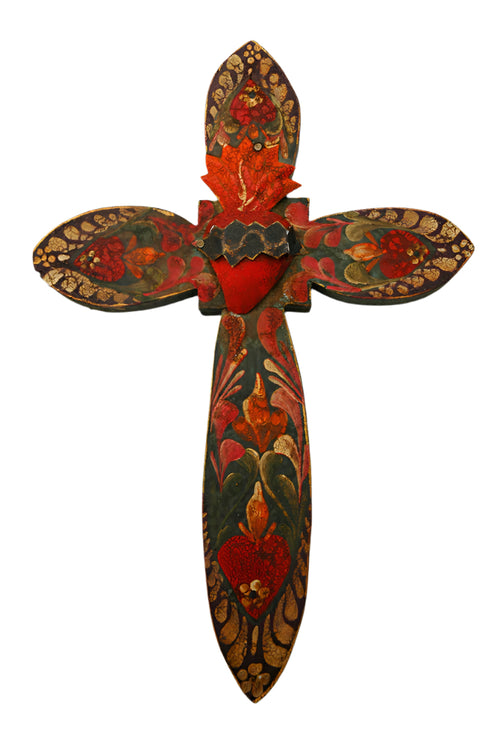 Mexican Hand Painted Cross 11 1/2 in with vibrant folk art floral patterns and a central red sacred heart design