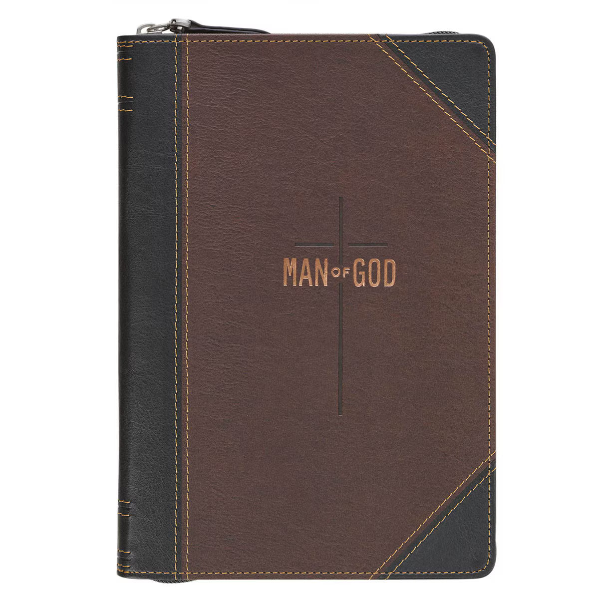Man of God Espresso Brown and Walnut Faux Leather Classic Journal with Zipper Closure - 1 Timothy 6:11 - JMJs Catholic Store, Inc