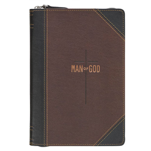 Man of God Espresso Brown and Walnut Faux Leather Classic Journal with Zipper Closure - 1 Timothy 6:11 - JMJs Catholic Store, Inc