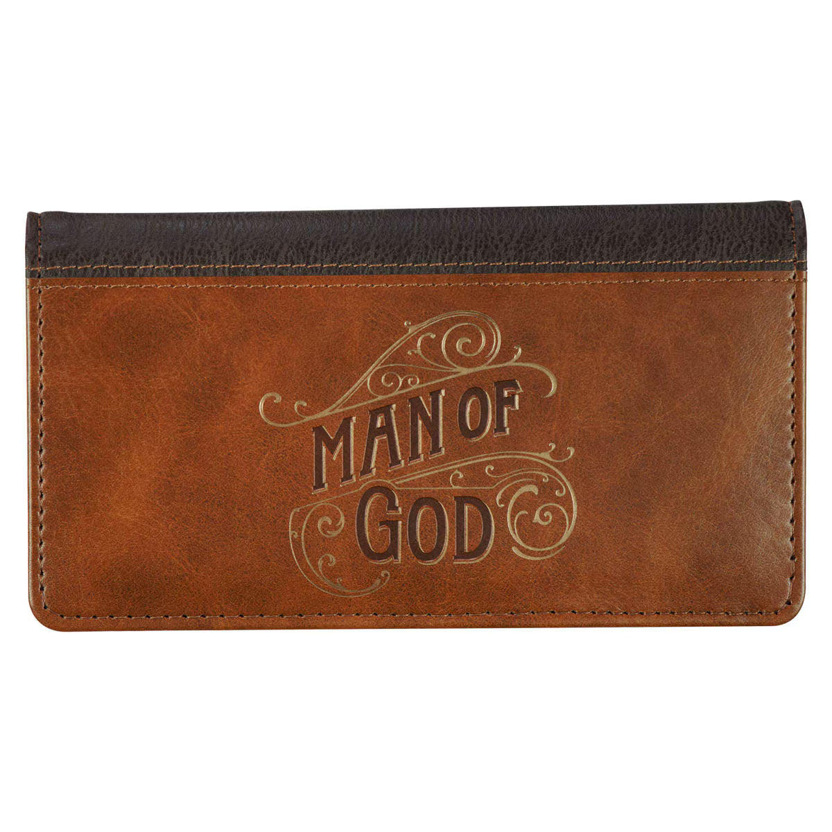 Man of God Honey-brown and Espresso Faux Leather Checkbook Wallet - 1 Timothy 6:11 - JMJs Catholic Store, Inc