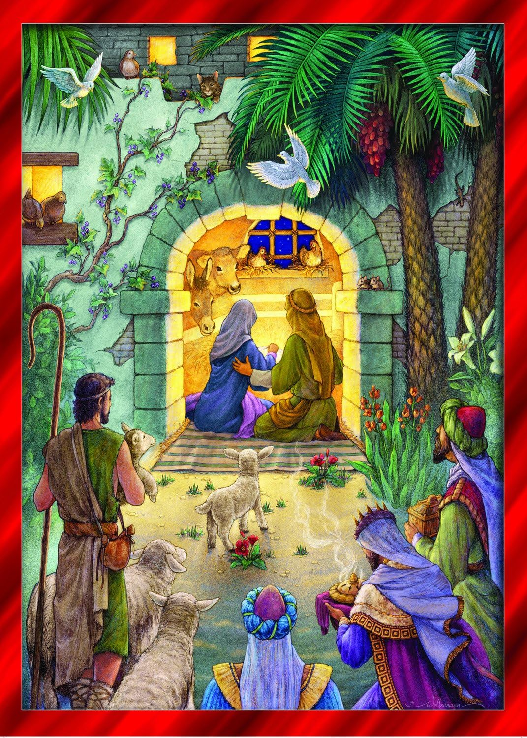 Mini Greeting Card Advent Calendar with nativity scene, shepherds, animals, and vibrant Christmas-themed illustration