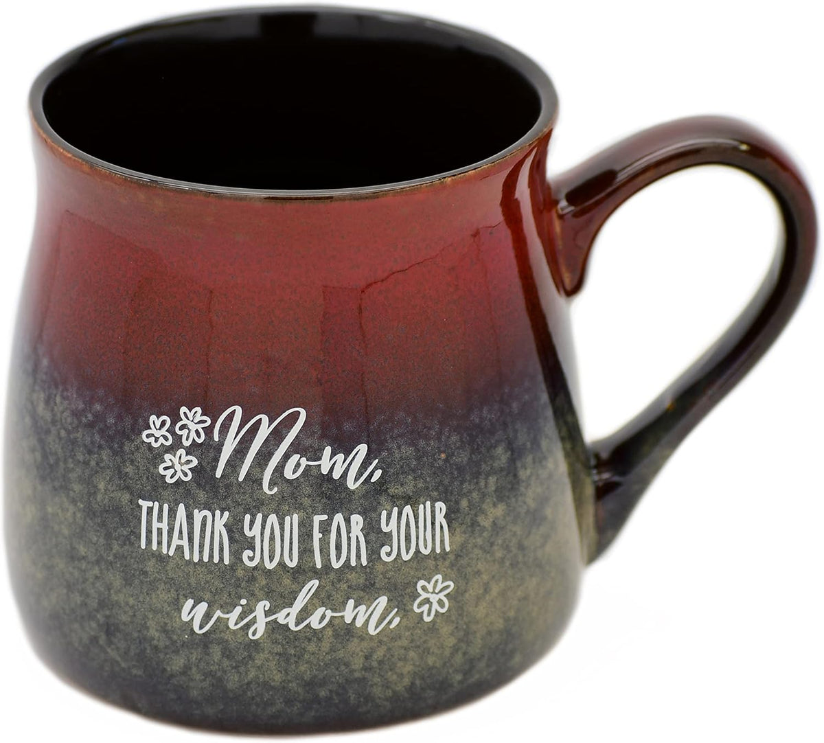 Ceramic "Mom, Thank You for your Wisdom" mug with red to black gradient reactive glaze and white inspirational text.