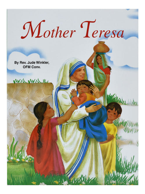 Mother Teresa book cover by Rev. Jude Winkler with colorful illustration of Mother Teresa caring for children outdoors