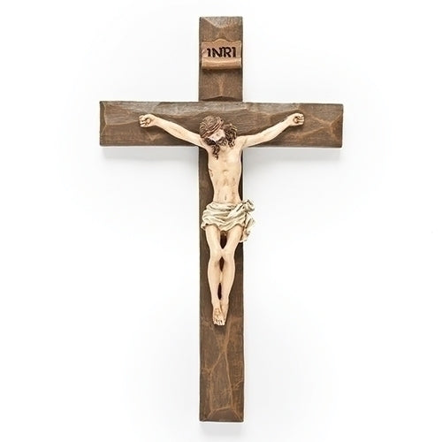 8" beveled wall crucifix with detailed Christ figure, rustic wood finish, and raised INRI plaque at top