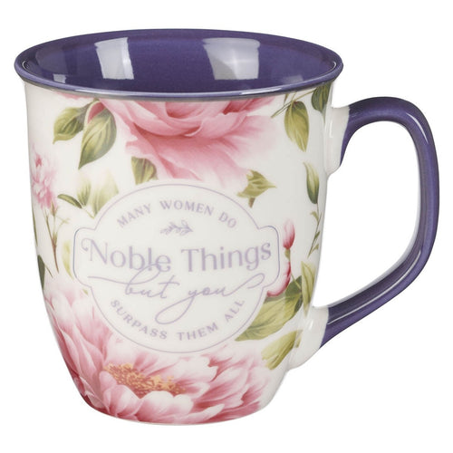 Ceramic coffee mug with pink peony design, purple interior, and "Noble Things" Proverbs 31:25 scripture text