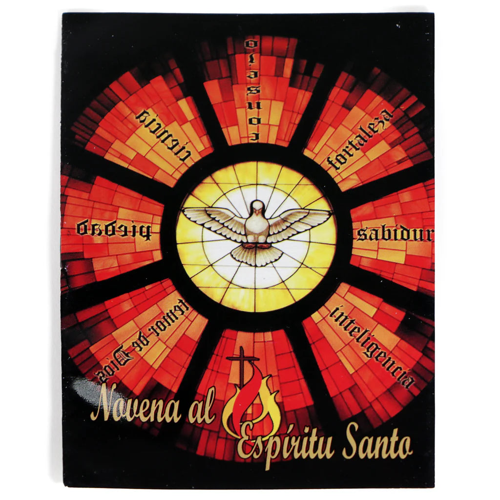 Novena al Espiritu Santo booklet with stained glass dove and rays symbolizing the Holy Spirit gifts in red and yellow tones