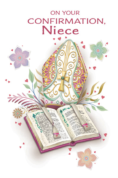 4 5/8" x 6 3/4" Confirmation card for niece with gold foil mitre, embossed design, and open Bible illustration