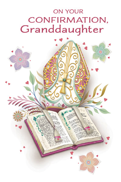 4 5/8" x 6 3/4" Confirmation granddaughter greeting card with gold foil and embossed bishop’s mitre and open Bible design