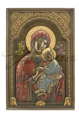 9" Our Lady of Perpetual Help wall plaque with detailed gold accents and colorful depiction in cold cast material