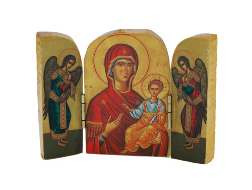 3" wooden triptych icon of Our Lady of Perpetual Help with child Jesus and two angels on side panels