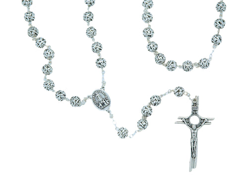 Metal Filigree Rosary 8 mm with intricately designed beads, detailed crucifix, and Fatima centerpiece medallion