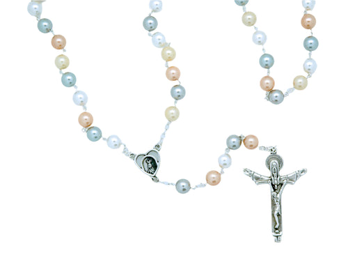 8mm multi-colored glass pearl rosary with silver-tone crucifix and heart-shaped centerpiece featuring sacred image