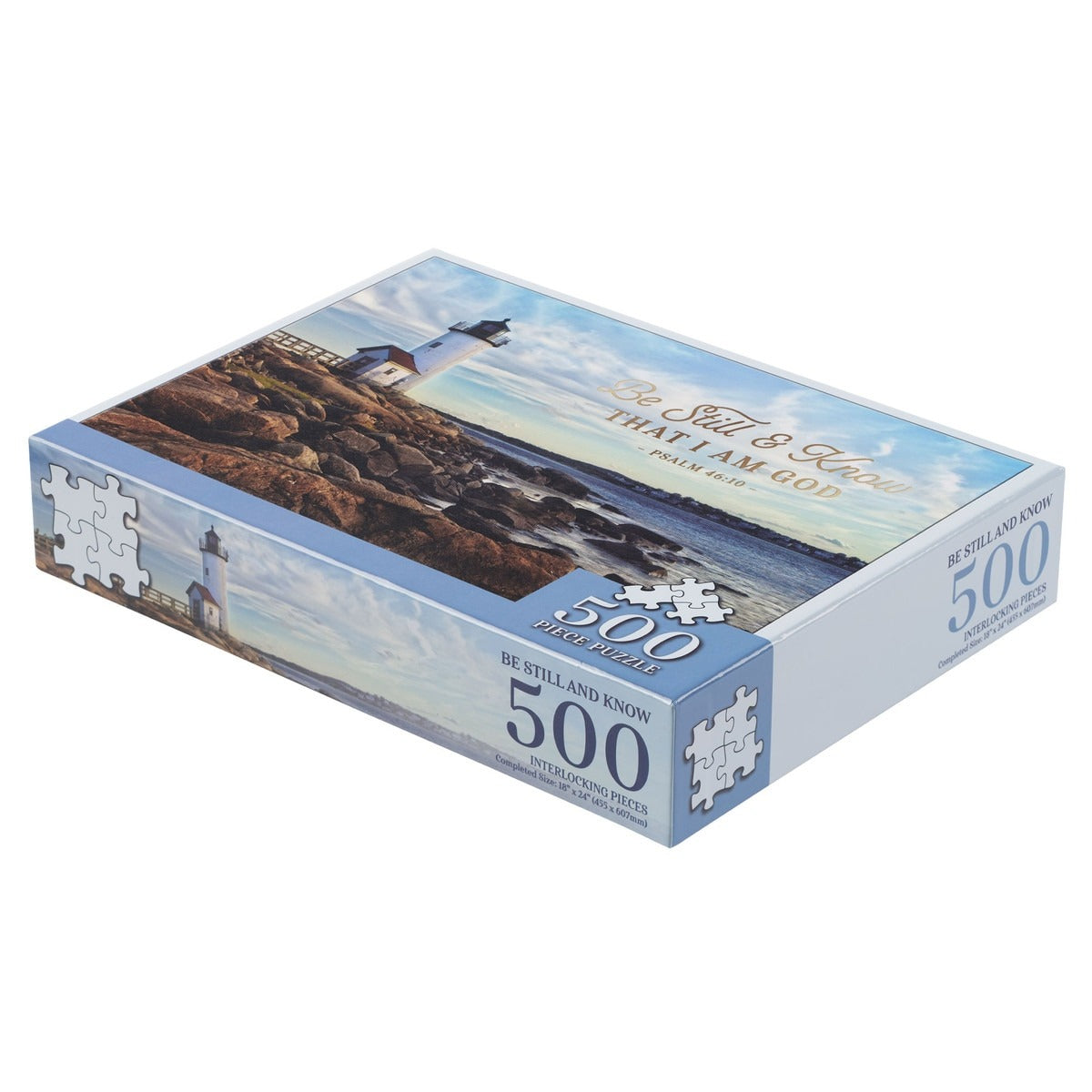 500-piece jigsaw puzzle box featuring lighthouse on rocky shore with Psalm 46:10 “Be Still and Know That I Am God” text