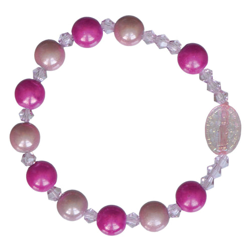 Children’s stretch rosary bracelet with smooth pink acrylic beads and Miraculous Medal centerpiece, 8mm beads, 1.75" size.