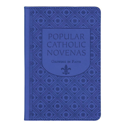 Blue hardcover book titled Popular Catholic Novenas with patterned cover and Growing in Faith series emblem