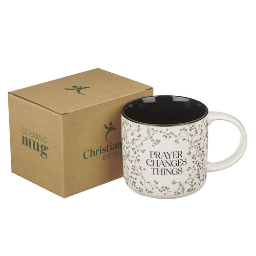 Prayer Changes Things Gold Leaf Ceramic Coffee Mug - JMJs Catholic Store, Inc