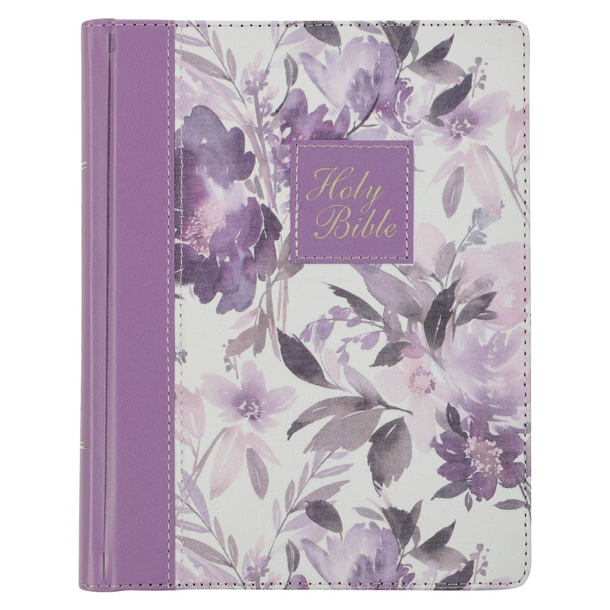 Purple floral faux leather hardcover Holy Bible with gold text and soft watercolor flower design on cover