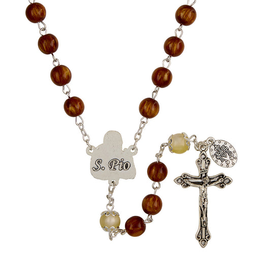 Canticle of the Sun Padre Pio Miraculous rosary with wooden beads, silver-tone crucifix, and S. Pio centerpiece medallion