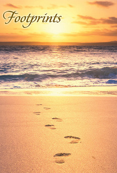 4 1/2" x 6 1/4" Footprints Recovery Greeting Card with sunset beach scene, footprints in sand, and "Footprints" text