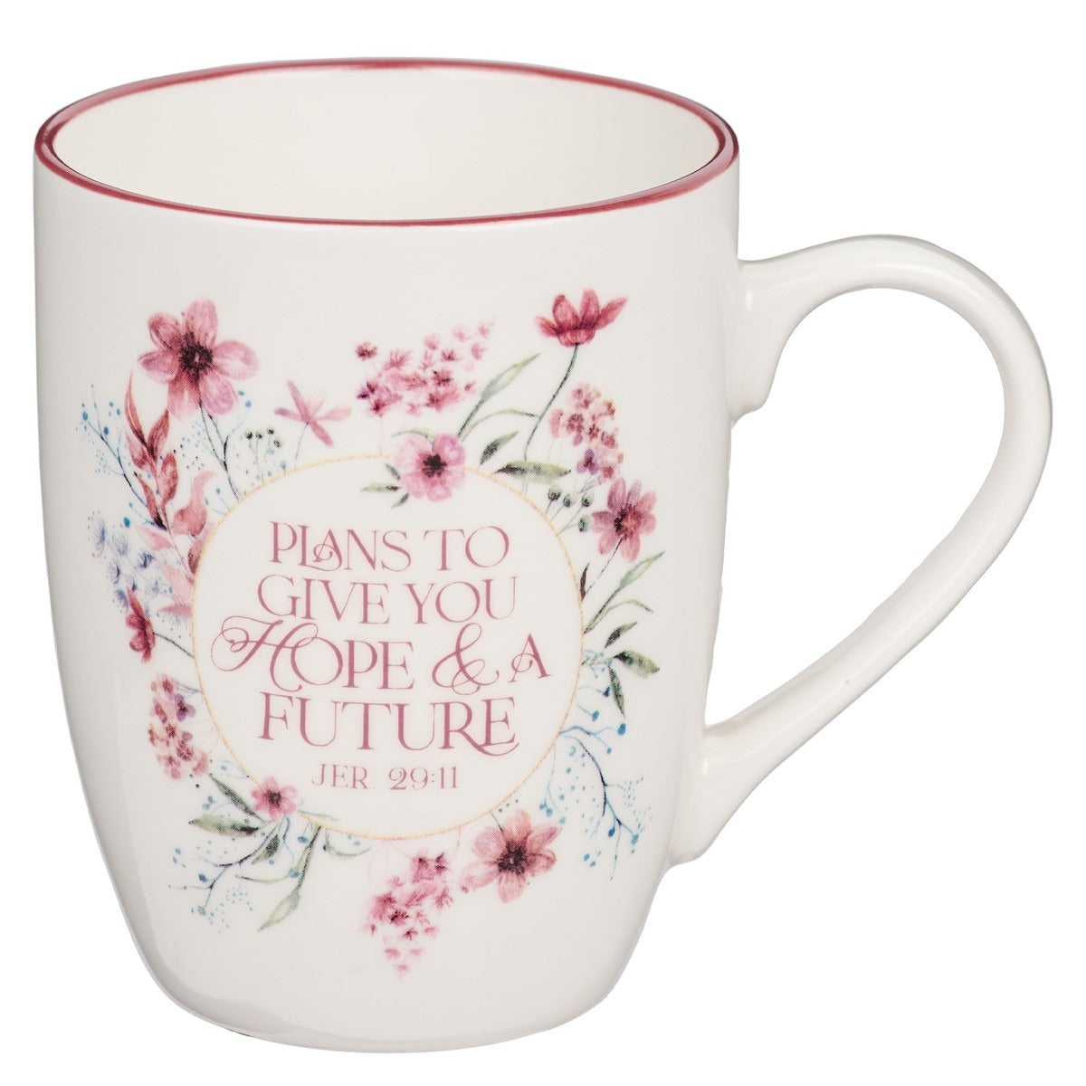 Rosewood pink wildflower ceramic coffee mug with Jeremiah 29:11 inspirational Bible verse on white background